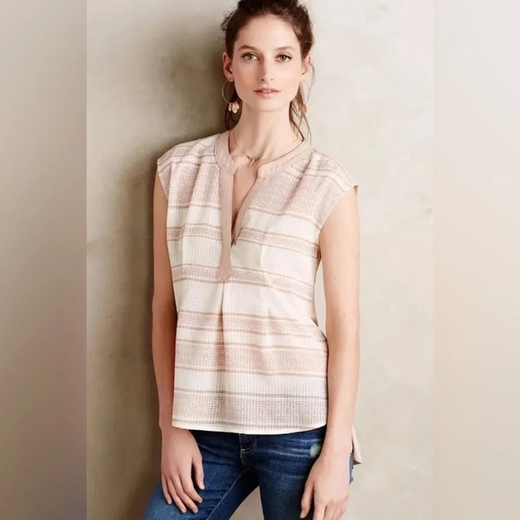 POSTMARK by ANTHROPOLOGIE Egress Splitneck‎ Tee in Nude Stripe - Picture 1 of 9